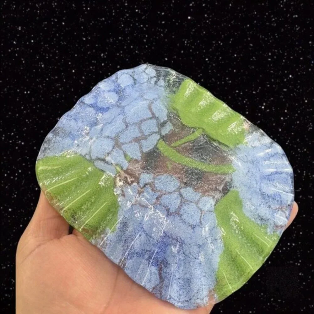 Fused Art Glass Dish Plate‎ Ruffled Edges Blue Flowers Glass Trinket Dish 6”Wide